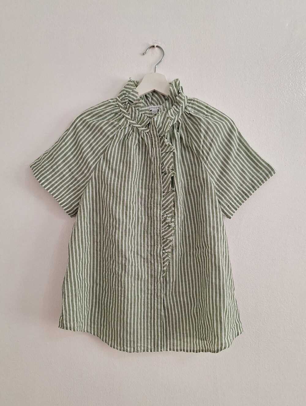 NWT Chico's Green and White Striped Ruffle Neck Blouse